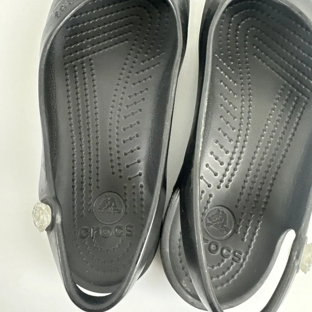 Crocs Jayna Slingback Flat Black Slip On Flower Jewel Comfort Lightweight 7